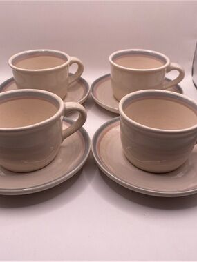 Set of 4 PFALTZGRAFF AURA Cups & Saucers- Pink & Blue Bands